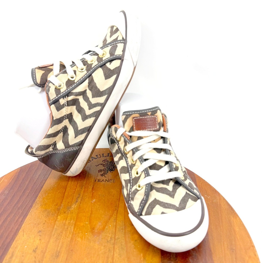 Coach Sneaker Womens 7.5 Tan Black Zebra Print Canvas Low Top Leather Trim